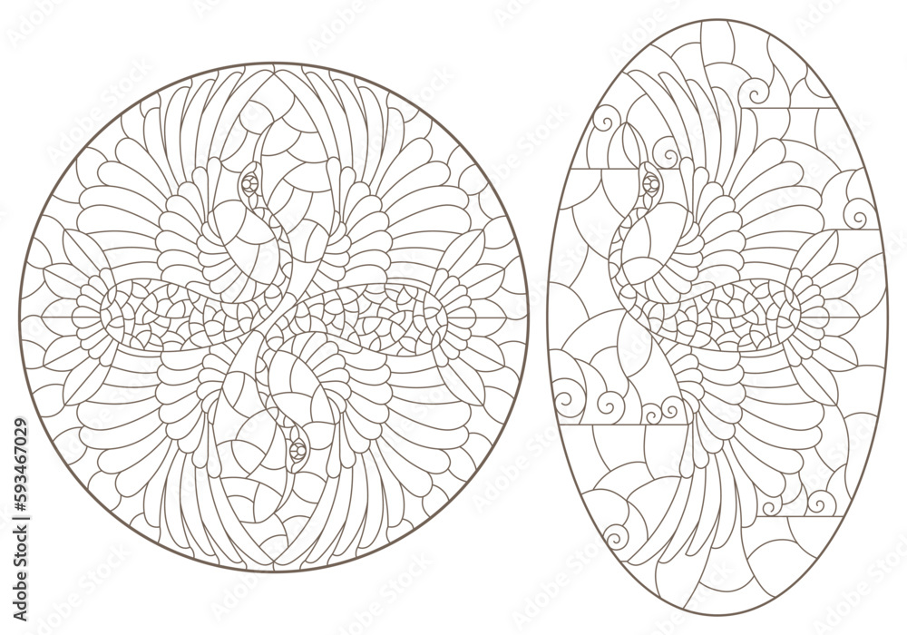 A set of contour illustrations in the style of stained glass with swans flying birds, animals isolated on a white background A set of contour illustrations in the style of stained glass with swans flying birds, animals isolated on a white background