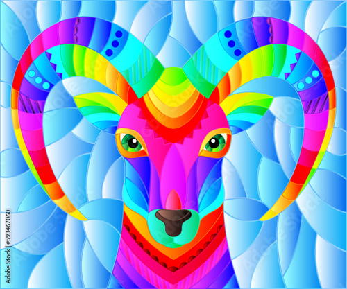 Illustration in the style of stained glass with abstract rainbow ram head on a blue background rectangular image