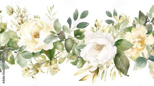 Watercolor seamless border 2, illustration with green gold leaves, white flowers