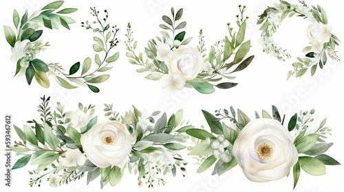 Watercolor floral illustration set 4, bouquets and wreath. White flowers