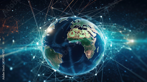 Communication technology for internet business, with a global world network and telecommunication on earth, emphasizing the interconnectedness of modern society, with elements of cryptocurrency, block