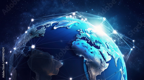 Communication technology for internet business, with a global world network and telecommunication on earth, emphasizing the interconnectedness of modern society, with elements of cryptocurrency, block