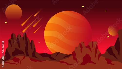 Science fiction landscape vector illustration. Red jupiter planet landscape background. Crimson galaxy view with comet and mountain. Science fiction vector for background, wallpaper or illustration