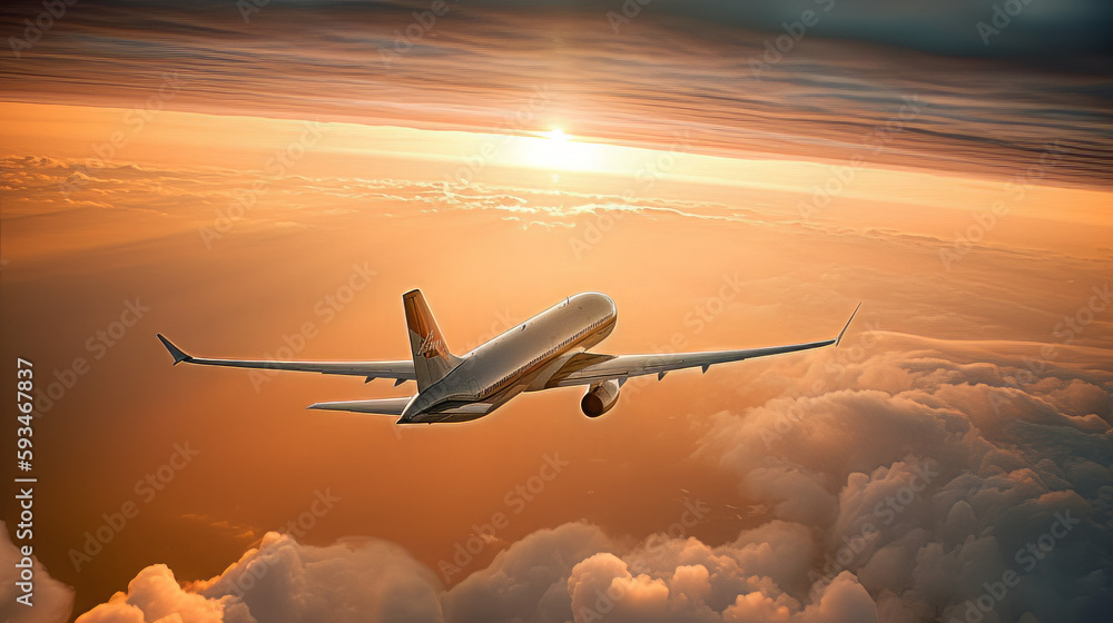 A commercial airplane in flight, soaring through the sky and leaving behind a trail of white clouds, with the sun setting in the background, casting a warm orange glow on the aircraft