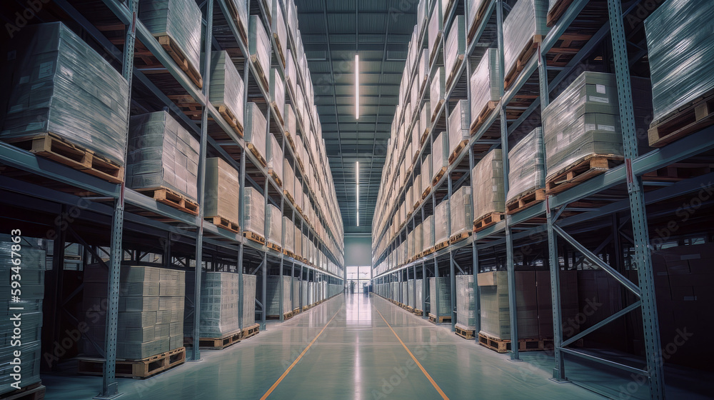 A huge distribution warehouse filled with high shelves, emphasizing the scale and complexity of modern logistics, with rows of tall shelves filled with boxes and products