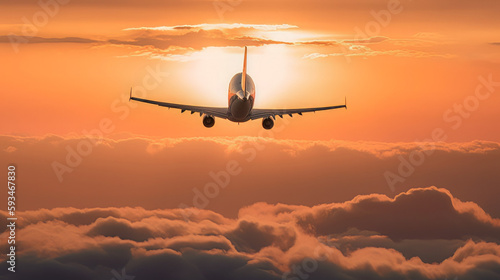 A commercial airplane in flight, soaring through the sky and leaving behind a trail of white clouds, with the sun setting in the background, casting a warm orange glow on the aircraft