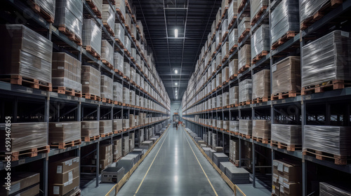 A huge distribution warehouse filled with high shelves, emphasizing the scale and complexity of modern logistics, with rows of tall shelves filled with boxes and products
