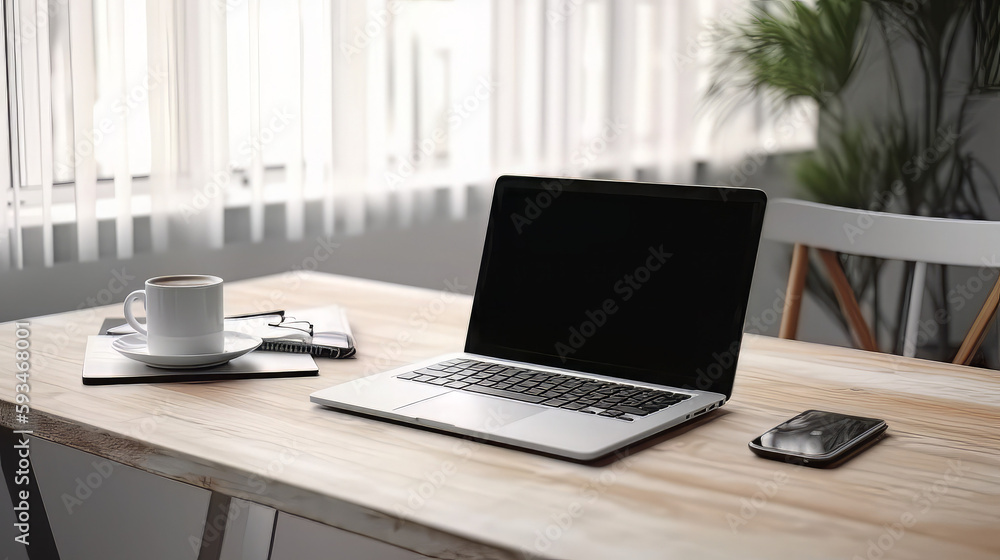 A laptop with a blank screen resting on a table, with a clean and simple desk setup, emphasizing the potential for productivity and creativity, with neutral colors and lighting A laptop with a blank screen resting on a table, with a clean and simple desk setup, emphasizing the potential for productivity and creativity, with neutral colors and lighting