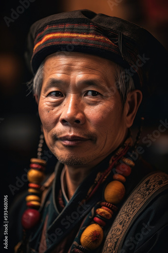 Portrait of a Hmong man wearing traditional clothing