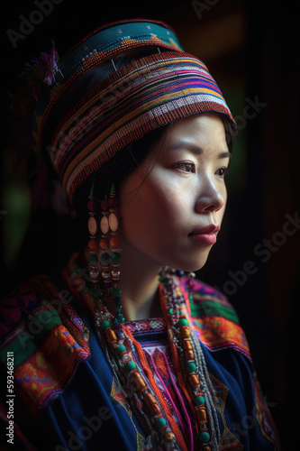 Portrait of a Hmong woman wearing traditional clothing