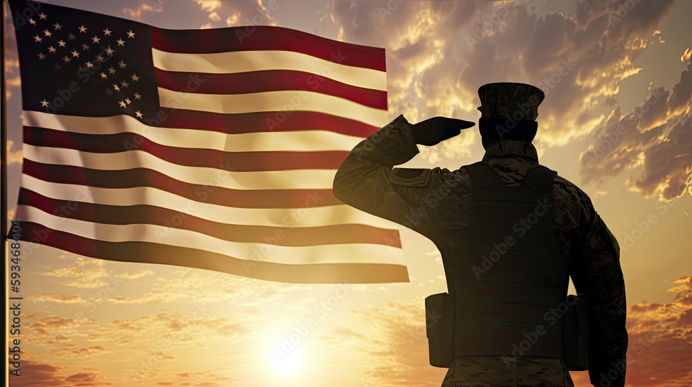 silhouette of the military, honoring the USA flag on sunset, american military strength concept silhouette of the military, honoring the USA flag on sunset, american military strength concept