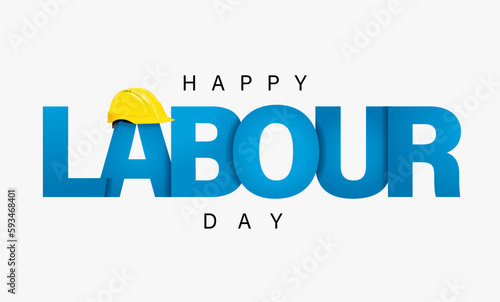 Happy Labour Day, 1st May lettering banner. Celebrating International Labor Day, blue text and yellow helment. Vector illustration