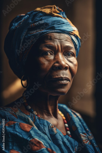 A portrait of a Yoruba woman wearing traditional clothing