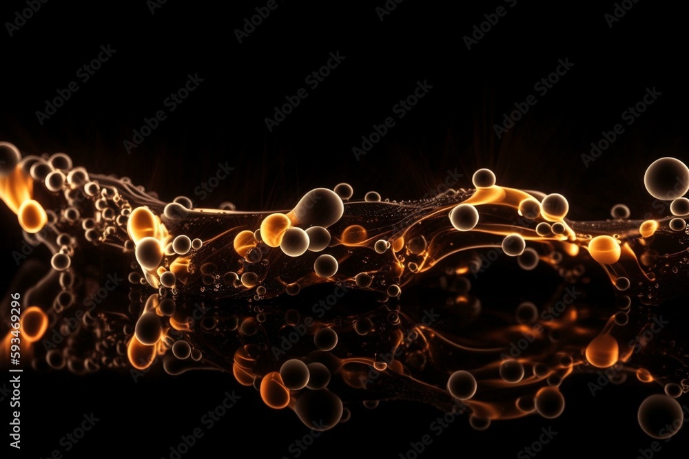 Stream of point molecules on black background. Design. Rising dots in ...