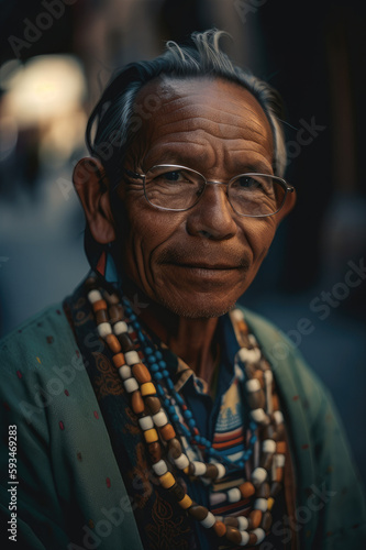 A moving portrait of a Pueblo man wearing traditional clothing