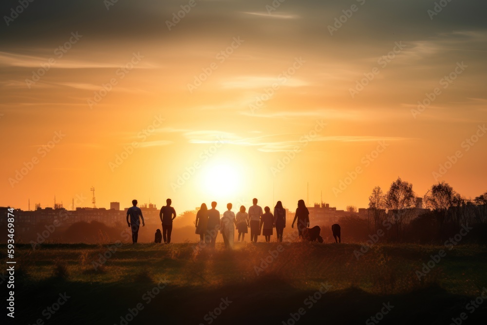 Silhouette of people walking in the field at sunset. People with dogs. Generative AI