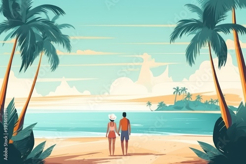 Couple walking on the beach with palm trees. Generative AI illustration.