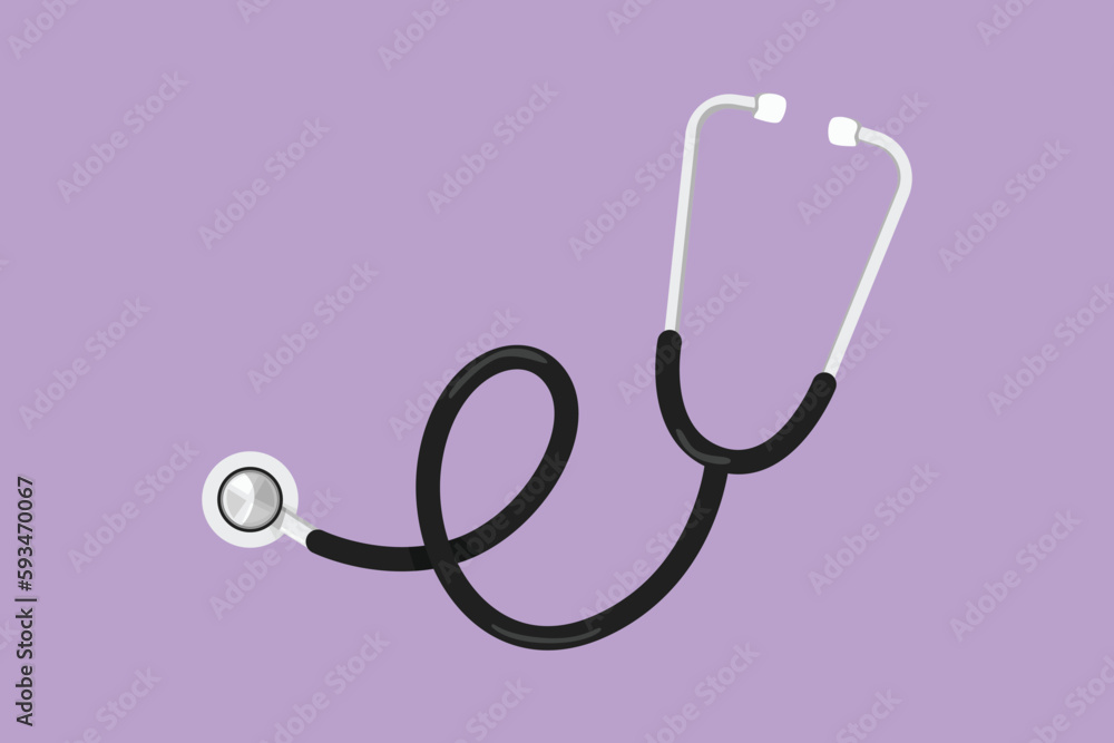 Fototapeta premium Cartoon flat style drawing stethoscope icon logo label. Equipment for doctor examining patient heart beat condition. Medical health care service excellence concept. Graphic design vector illustration