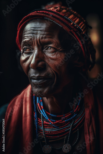 A dramatic portrait of a Maasai man with beaded accessories and traditional wear