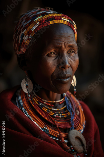 A dramatic portrait of a Maasai woman with beaded accessories and traditional wear