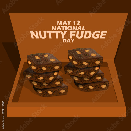Stack of snack called nutty fudge with its box and bold text on dark brown background to celebrate National Nutty Fudge Day on May 12