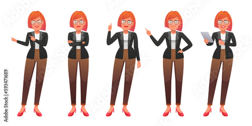 A beautiful slender white girl stands with a tablet and a glass of coffee in her hands, dissatisfied with her arms crossed, pointing at something. A full-length business lady