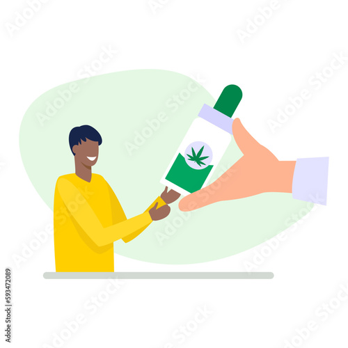 Cartoon character of dark man buying medical cannabis. Young people supporting legality of marijuana. Cannabis legalization business. Cannabidiol acid drug. Vector