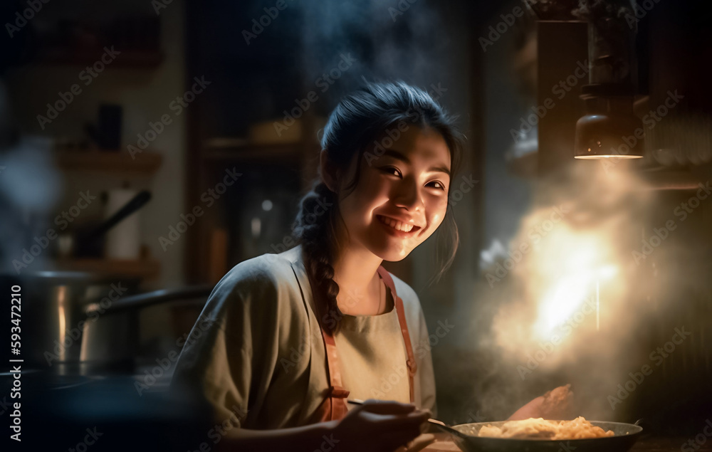 Japanese woman smiling and enjoying the process of cooking as she cooks dinner at home. generative AI Japanese woman smiling and enjoying the process of cooking as she cooks dinner at home. generative AI