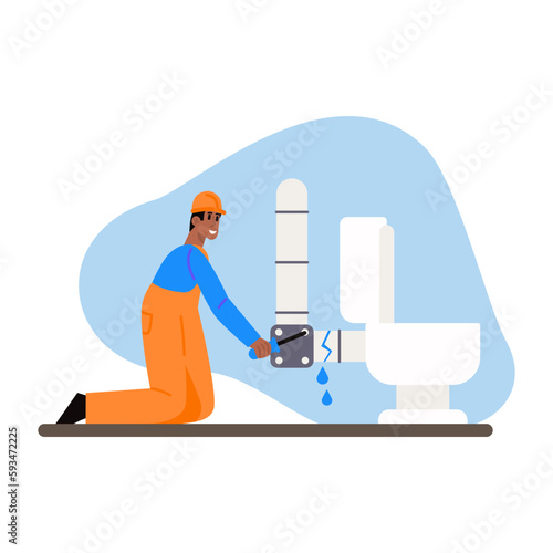 Cartoon character of young dark man installing toilet in new house. Time for making home repair. Process of bathroom renovation. Improvement of restroom appliances. Vector