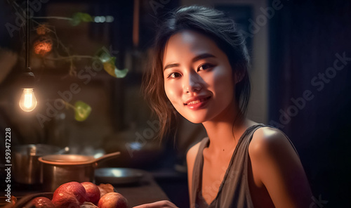 an Asian woman standing in her kitchen, smiling towards the camera. The warm spotlight creates a striking contrast between the light and shadow, casting a dramatic effect on the scene. generative AI