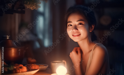 an Asian woman standing in her kitchen, smiling towards the camera. The warm spotlight creates a striking contrast between the light and shadow, casting a dramatic effect on the scene. generative AI