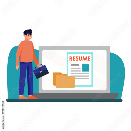 Cartoon character of young man sending his CV online. Preparation for meeting with headhunting business representative. Lifestyle of job seekers. Vector