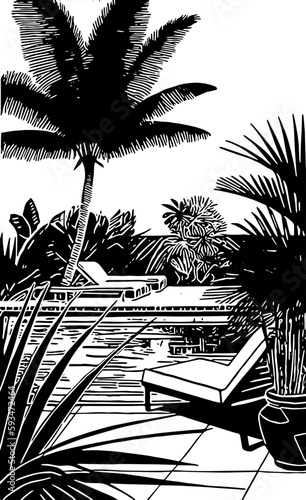Silhouetten einer Szene am Pool. Liegen stehen neben dem Pool. Palmen spenden Schatten. Vektor Icon aus schwarzen Linien.  photo