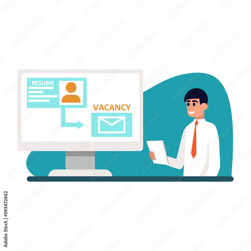 Cartoon character of smiling man sending his resume online. Preparation for meeting with headhunting business representative. Lifestyle of job seekers. Vector