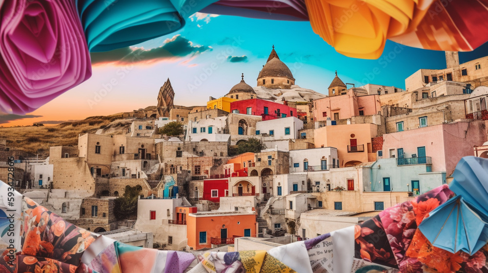 collage made of magazines and colorful paper mood. travel and cappadocia - obrazy, fototapety, plakaty 