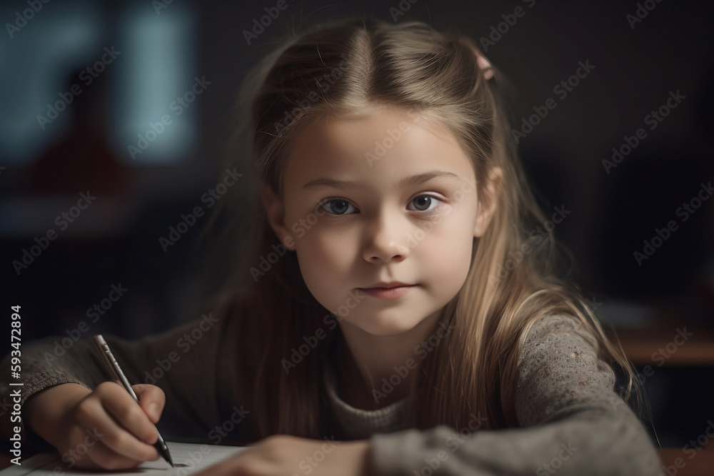 young girl wearing brown grey t-shirt working on homework in the classroom smiling, blonde kindergarten girl drawing with pencil look at camera, generative ai young girl wearing brown grey t-shirt working on homework in the classroom smiling, blonde kindergarten girl drawing with pencil look at camera, generative ai