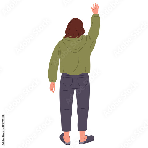 Young woman waving hand. Girl view from behind, female character back side position. Fashoinable woman flat vector Illustration