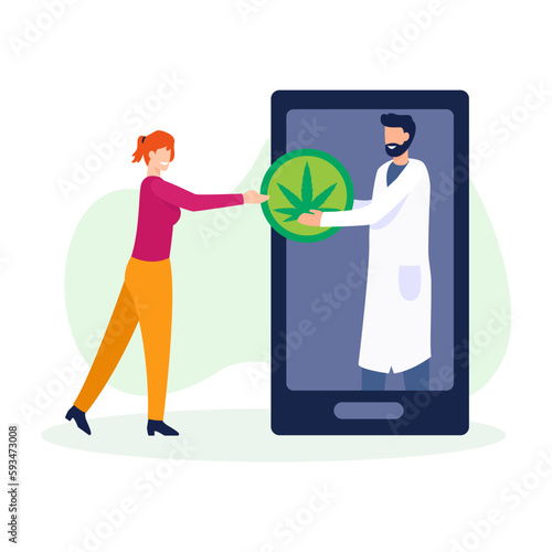 Cartoon characters of woman getting medical cannabis from her doctor. Supporting legality of marijuana. Cannabis legalization business. Cannabidiol acid drug. Vector