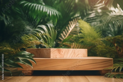 Wooden product display podium with blurred tropical palm leaves background. 3D rendering. Generative AI