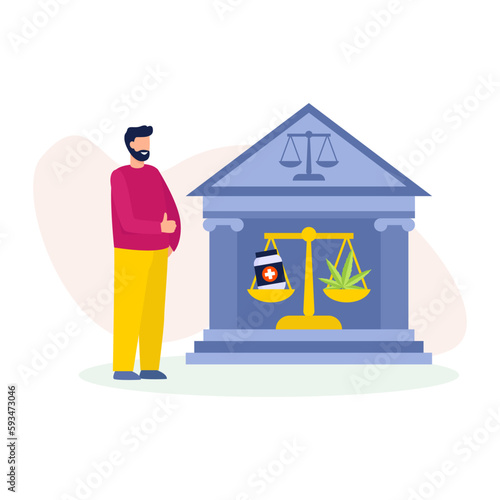 Cartoon character of young man supporting cannabis use for medicine. Marijuana legalization business. Legality of cannabis. Healthcare and pharmacy sectors. Vector