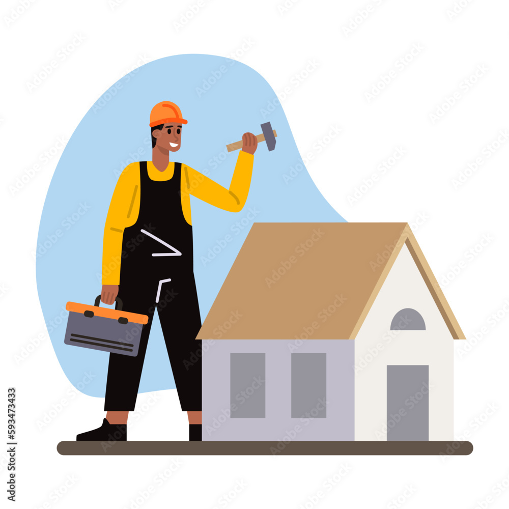 Cartoon character of smiling young man making home repair. Process of house renovation. Building new house. Professional framing contractor with tools. Vector Cartoon character of smiling young man making home repair. Process of house renovation. Building new house. Professional framing contractor with tools. Vector