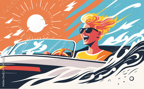 Person enjoying a light summer day out on a speedboat with the sun shining bright and waves splashing around. Flat vector summer watersport illustration concept. Gadget-free vacation
