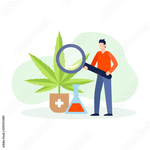Cartoon character of smiling man with magnifier growing cannabis. Marijuana cultivation and legalization business startup. Supporting legality of cannabis for medical use. Vector