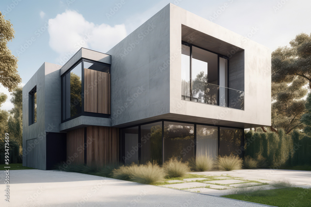 A contemporary house with sleek lines and minimalist design, featuring large windows that provide ample natural light. The exterior is painted in a cool grey with accents of white, generative AI