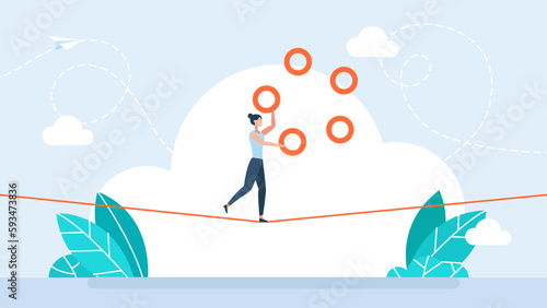 Businesswoman juggling with rings on rope. Juggler woman manager showing skill and ease of control in management multitasking. Wealth management. Business risk concept. Flat vector illustration