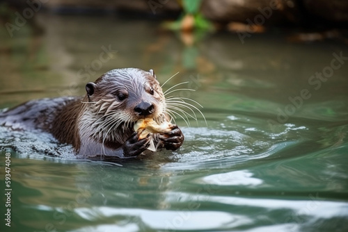 cute otter biting fish in water