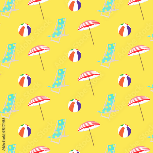 Summer seamless pattern  background with red parasols from the sun in white stripes  multi-colored inflatable balls and green sun loungers with yellow flowers on a yellow background. Ornament  vector.