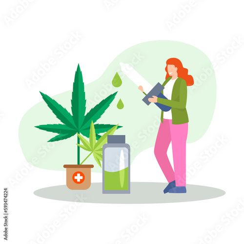 Colored cartoon character of young woman growing cannabis for medical use. Supporting legality of cannabis. Marijuana products cultivation. Socially progressive world. Vector