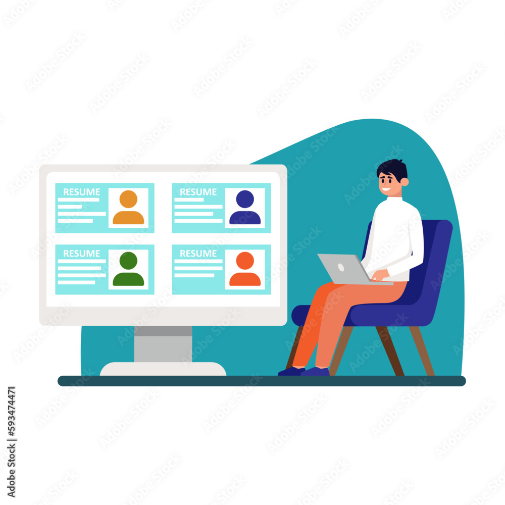 Cartoon character of male HR manager with laptop selecting resumes. HR department hiring candidates for job. Professional headhunting member. Human resource management. Vector Cartoon character of male HR manager with laptop selecting resumes. HR department hiring candidates for job. Professional headhunting member. Human resource management. Vector