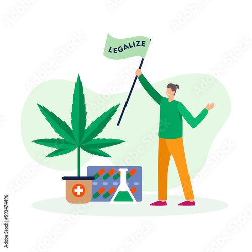 Cartoon character of young woman with flag supporting usage of cannabis for medical use. Marijuana products cultivation and legalization business. Vector
